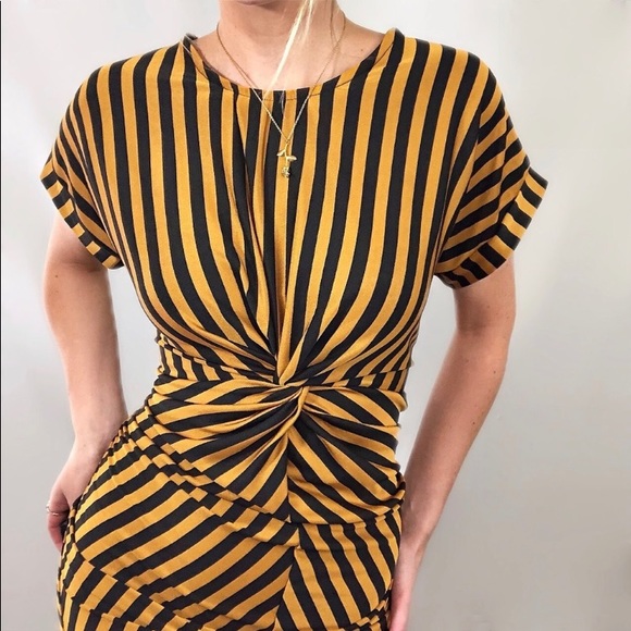 NEW HAUTE MONDE SEXY YELLOW BLACK STRIPED MIDI DRESS SZ MED ROCKABILLY PINUP - Picture 4 of 10